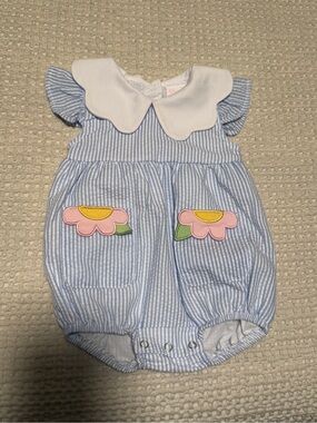 Stichy Fish Bubble BlueStriped Baby One-Piece with White Collar and Pink Flower